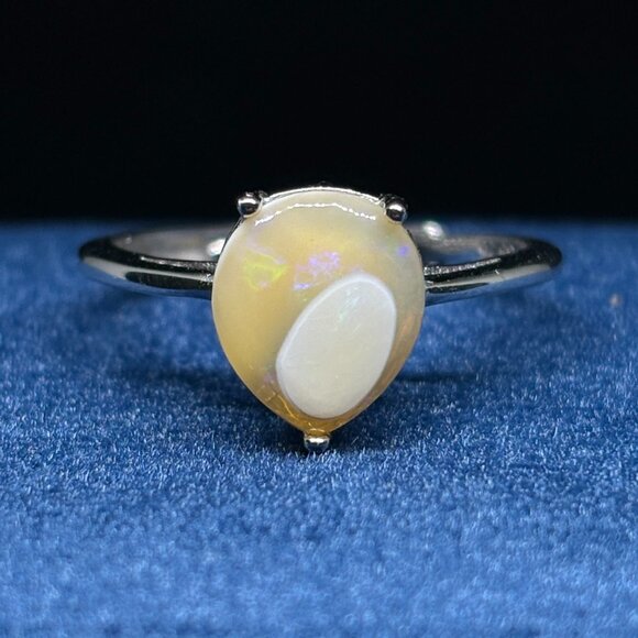 Color Blotch Teardrop Mexican Fire Opal Ring With Stunning Natural Colors - Picture 1 of 4